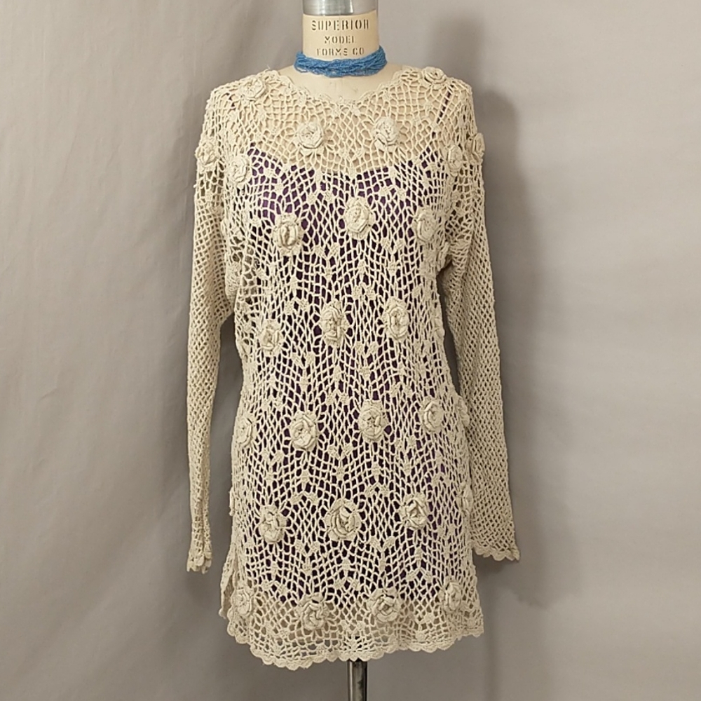 Silk Crochet Natural Cover up Tunic Top Sexy Neutral L Cream Neutral Washable
